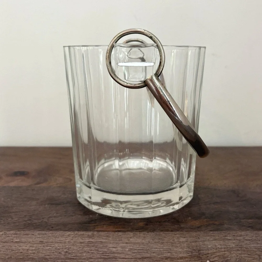 Vintage Faceted Glass Ice Bucket Handle Mid Century Heavy Paneled Barware Wine